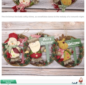 Detail of Christmas wreath featuring Santa, Snowman, and Reindeer on natural rattan base