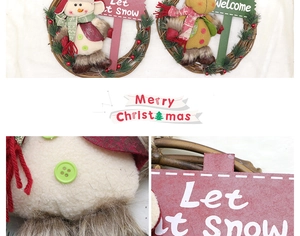 Detailed close-up of handmade Christmas wreaths with snowmen, reindeer and welcome signs