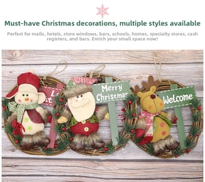 Detailed trio of Christmas wreaths featuring Santa, Snowman, and Reindeer on rattan base