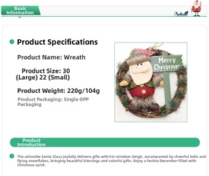 Detail of Christmas rattan wreath with Santa doll and Merry Christmas wooden sign