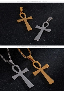 Detail of Ankh cross pendant with polished finish and rope chain in gold and silver