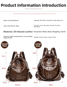 Size comparison of small and large vintage oil wax leather backpacks in dark coffee