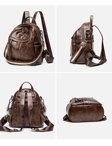 Detailed four-way view of dark brown vintage oil wax leather anti-theft backpack