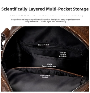 Detailed view of the internal storage compartments of the retro leather backpack