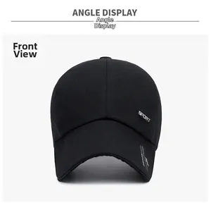 Detailed front view of black cotton baseball cap with silver metal SPORT emblem and brim print