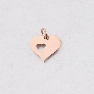 Polished rose gold double heart stainless steel pendant with small cutout and jump ring