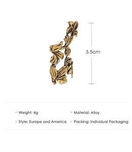 Macro detail of retro gold leaf ear cuff showing antique texture and alloy dimensions