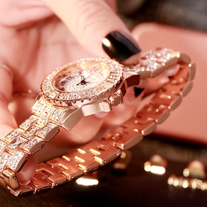 Elegant rose gold rhinestone women's quartz watch with sparkling steel strap and white dial