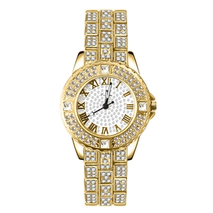 Luxurious gold stainless steel quartz watch for women with sparkling rhinestones decoration