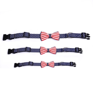 Three sizes of adjustable pet collars with American flag pattern and bow tie detail