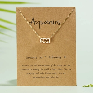 Close-up of golden Aquarius zodiac pendant necklace on its English description card