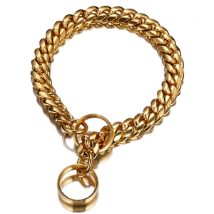 Gold 14mm Cuban link pet dog chain collar detail shot, durable stainless steel construction.