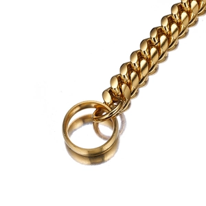 Close-up detail of 14mm gold Cuban link dog chain collar, durable stainless steel pet supply.