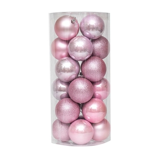 24-pack pink Christmas balls with matte, shiny, and glitter finishes in cylindrical box