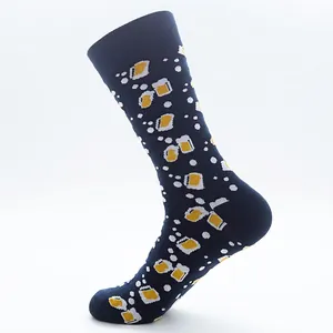 Dark blue crew socks featuring beer mug patterns and white dots for men and women