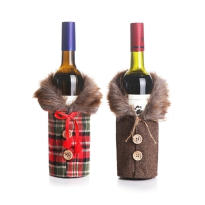 Christmas wine bottle covers in red green plaid and brown tweed with faux fur collars