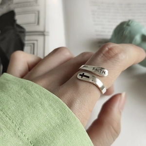 Minimalist 925 sterling silver open ring featuring faith cross design and engraving
