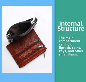 Detail view of multi-compartment leather coin purse with zipper and metal key ring