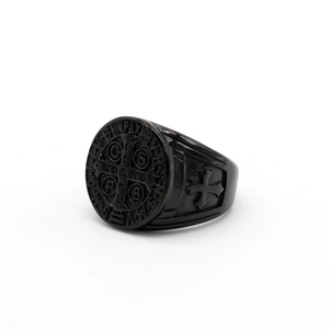 Retro black stainless steel exorcism Saint Benedict cross signet ring for men
