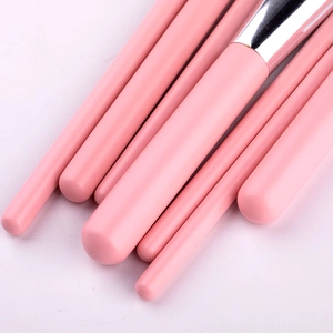 Detail of pink matte makeup brush handles with shiny silver metal ferrules