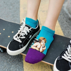 Teal and purple low cut cotton socks with classical angel art oil painting pattern