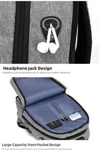 Detail of gray business backpack with headphone port and multi-layer storage front pocket