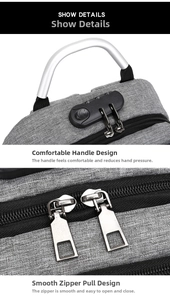 Detail of gray business backpack with aluminum handle, combination lock and dual zippers