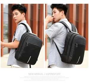 Business laptop backpack in black with anti-theft lock and USB port, side and back view