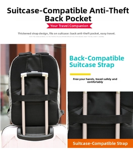 Detail of luggage strap and anti-theft back pocket on grey travel laptop backpack