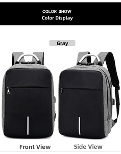 Front and side view of grey anti-theft laptop backpack with combination lock and USB port