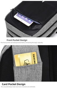 Detail of business laptop backpack featuring front tablet pocket and shoulder strap card slot