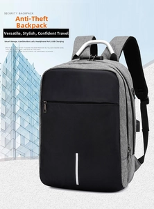 Business anti-theft backpack showing 3-digit combination lock and USB charging port detail