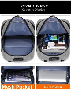 Internal layout of anti-theft backpack with 13.3-inch laptop compartment and mesh pockets
