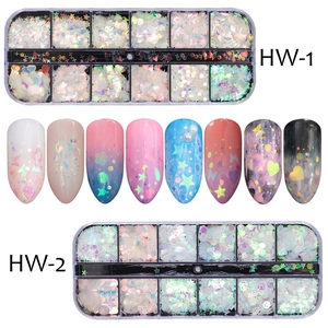Holographic nail glitter set with HW-1 and HW-2 boxes featuring 12-grid sparkling sequins