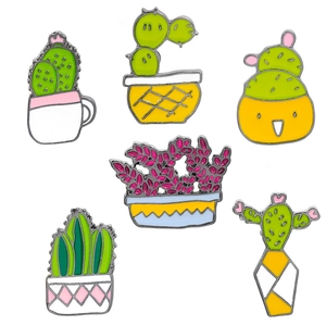 Set of 6 colorful enamel cactus and succulent plant lapel pins on a clean white background