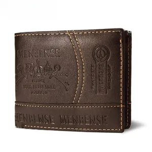Macro shot of deep brown MenBense wallet with contrast yellow stitching and Eiffel Tower logo