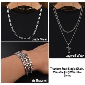 Men's titanium steel Cuban chain necklace and bracelet with silver finish