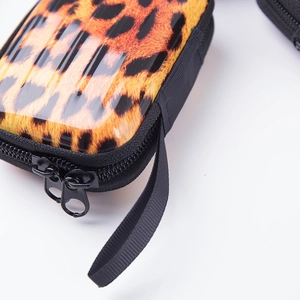 Wild leopard print hard shell tinplate coin purse and earphone case with lanyard