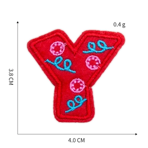 Red letter Y embroidered patch with colorful floral details and size specifications