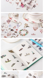 Detail view of Bohemian style washi stickers with dreamcatchers and world landmarks
