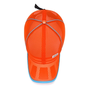 Kids orange breathable mesh sun hat with blue trim and adjustable back strap