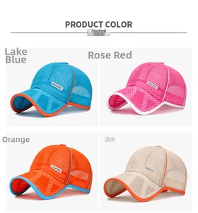 Detailed view of four mesh baseball caps in lake blue, rose red, orange and beige colors