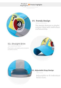 Detail view of quick-dry mesh fabric, curved brim and adjustable strap on kids sports cap