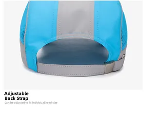 Detail of the adjustable back strap and breathable mesh on the blue sports cap