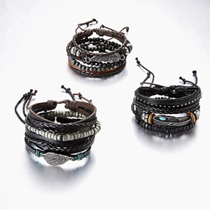 Handmade multilayer leather bracelet set with feather charms and wooden beads for men