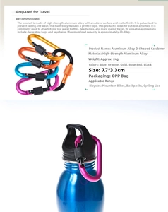 Macro detail of multi-color D-ring carabiners with 24g weight and 7.7x3.3cm dimensions