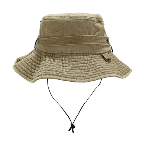 Khaki washed cotton bucket hat with adjustable windproof drawstring and ventilation holes
