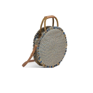 Beige and blue round woven straw shoulder bag with tassels and brown leather straps