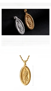 Detailed view of Virgin Mary medallion pendant in gold and steel with size measurements