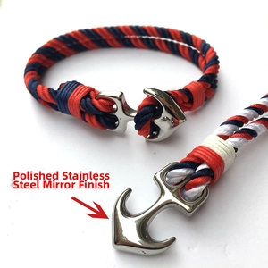 Macro shot of mirror-polished stainless steel anchor clasp and braided nautical nylon rope